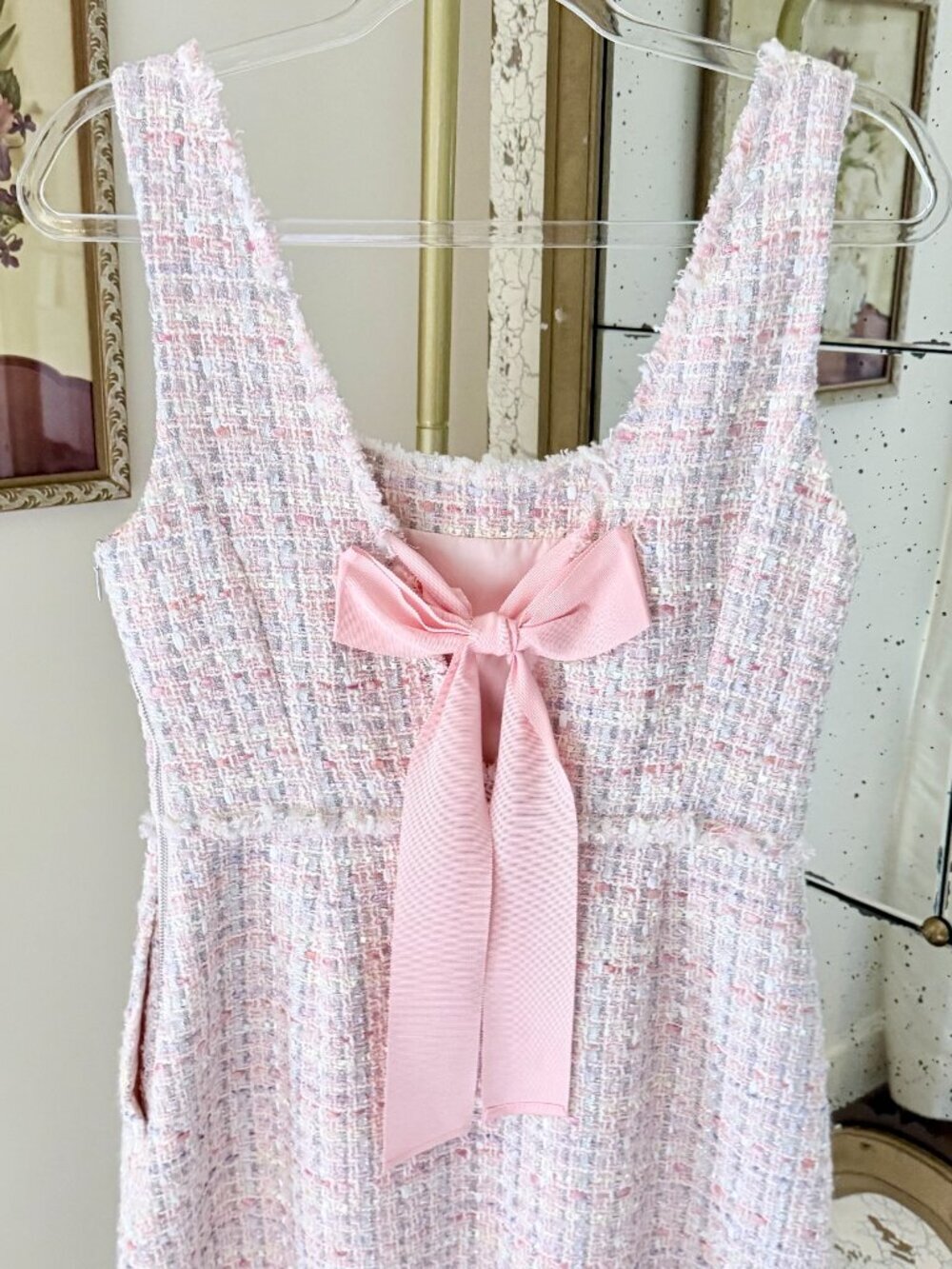 LoveShackFancy Moda Tweed Mini Dress with a Bow - Size 6 - Pink - Picture 8 of 16